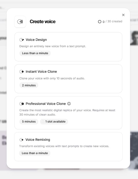 ElevenLabs voice creation options