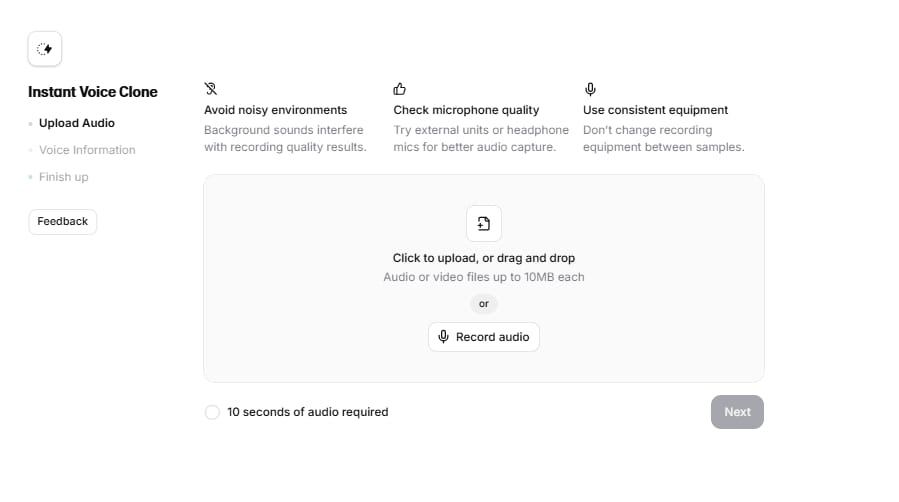 ElevenLabs instant voice cloning setup