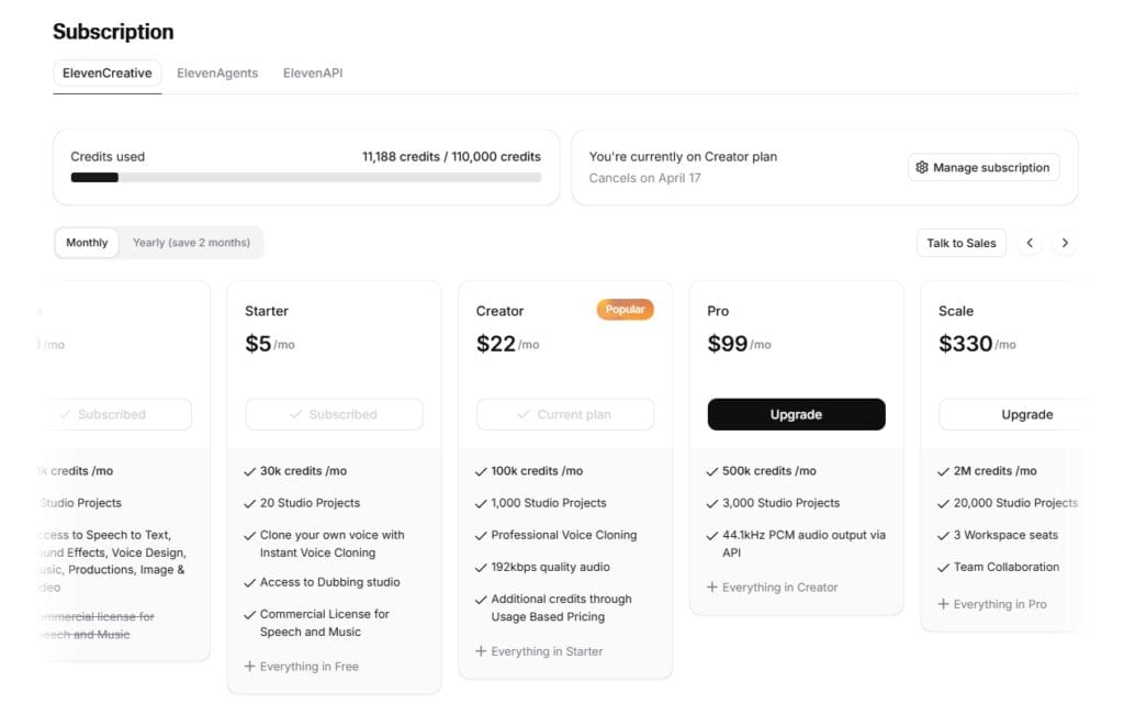 ElevenLabs pricing plans 2026