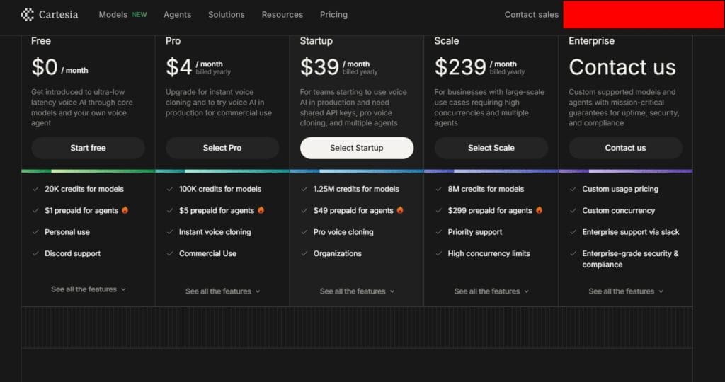 Cartesia voice generator pricing plan screenshot