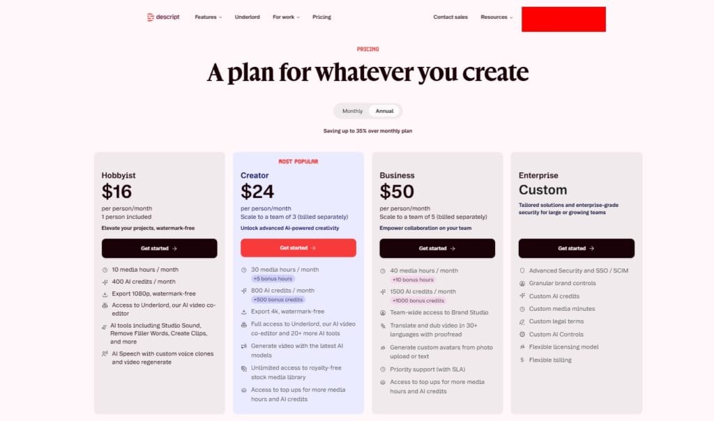 descript voice generator pricing plan screenshot