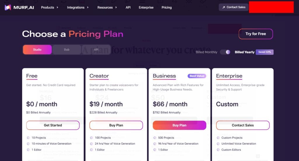 Murf AI voice generator pricing plan screenshot