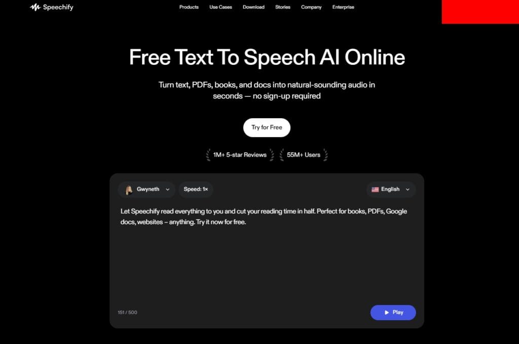 Speechify voice generator interface screenshot